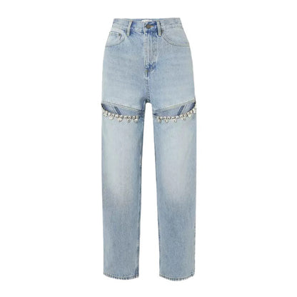 Crystal Chic High-Waisted Straight Leg Jeans