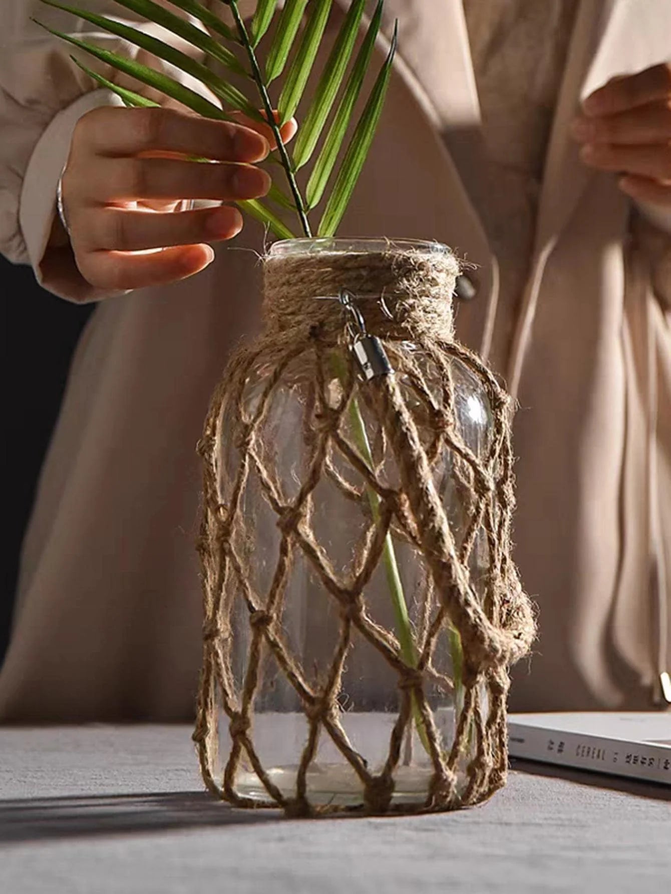 Boho Chic Hand-Woven Hemp Rope Glass Vase